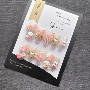 Qfdian Sweet Princess Romantic Press on Nail Light Pink Glitter with Butterfly Bear Charm Cute Fake Nails for Date Night Snug No Damage